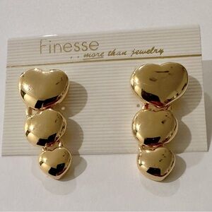 Vintage Finesse Gold Tone Triple Heart Drop Earrings - New Old Stock - 2”